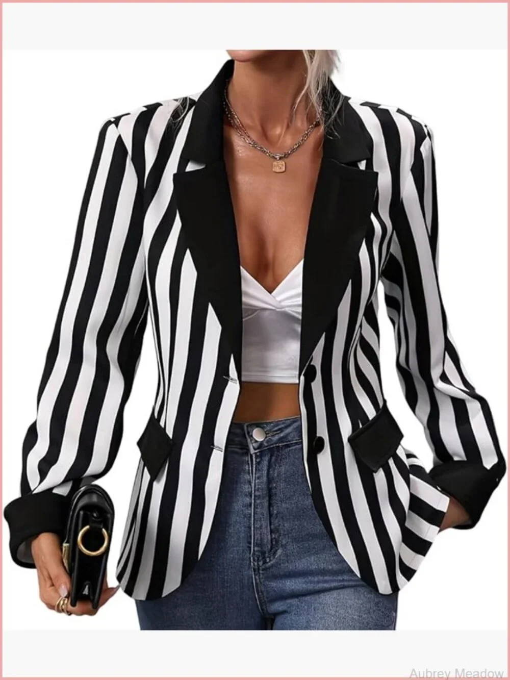 Striped Button Front Blazer Long Sleeve Notched Lapel Office Jacket
